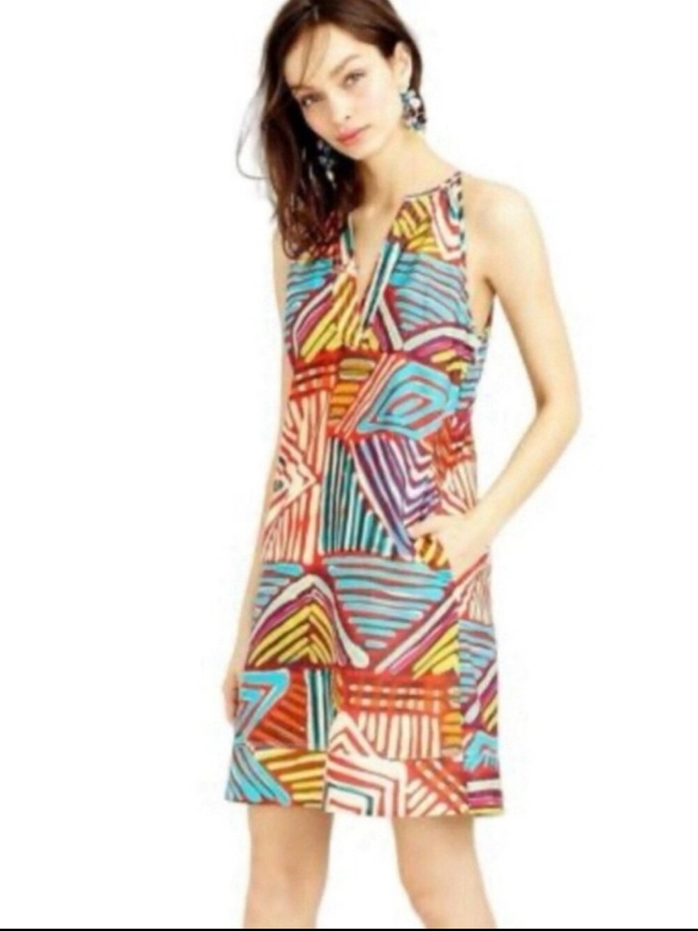 J. Crew Collection Sz 12 Multicolor Geo Brushstroke 100% Cotton Sleeveless Dress